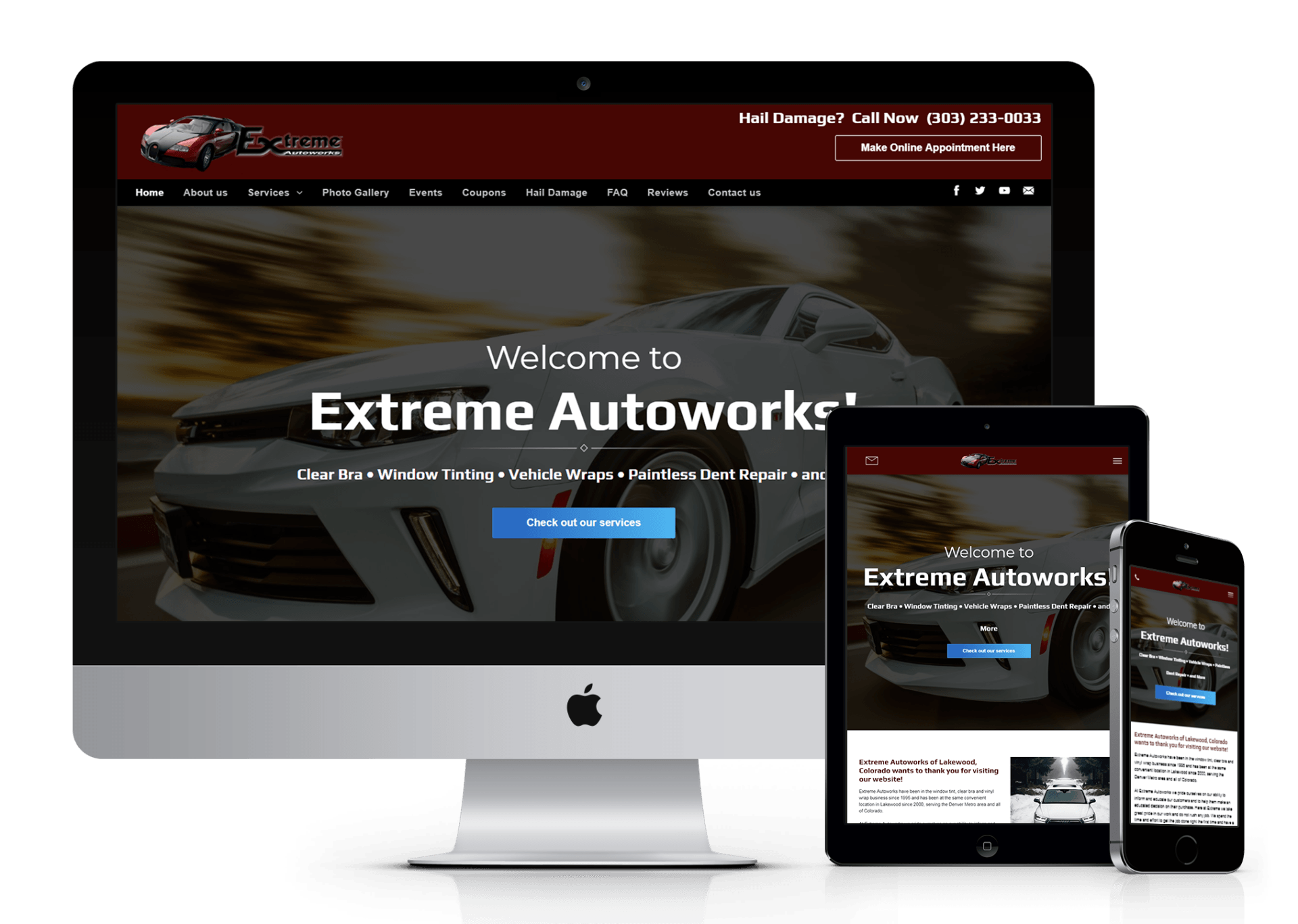 A computer , tablet , and cell phone are displaying a website for extreme autoworks.