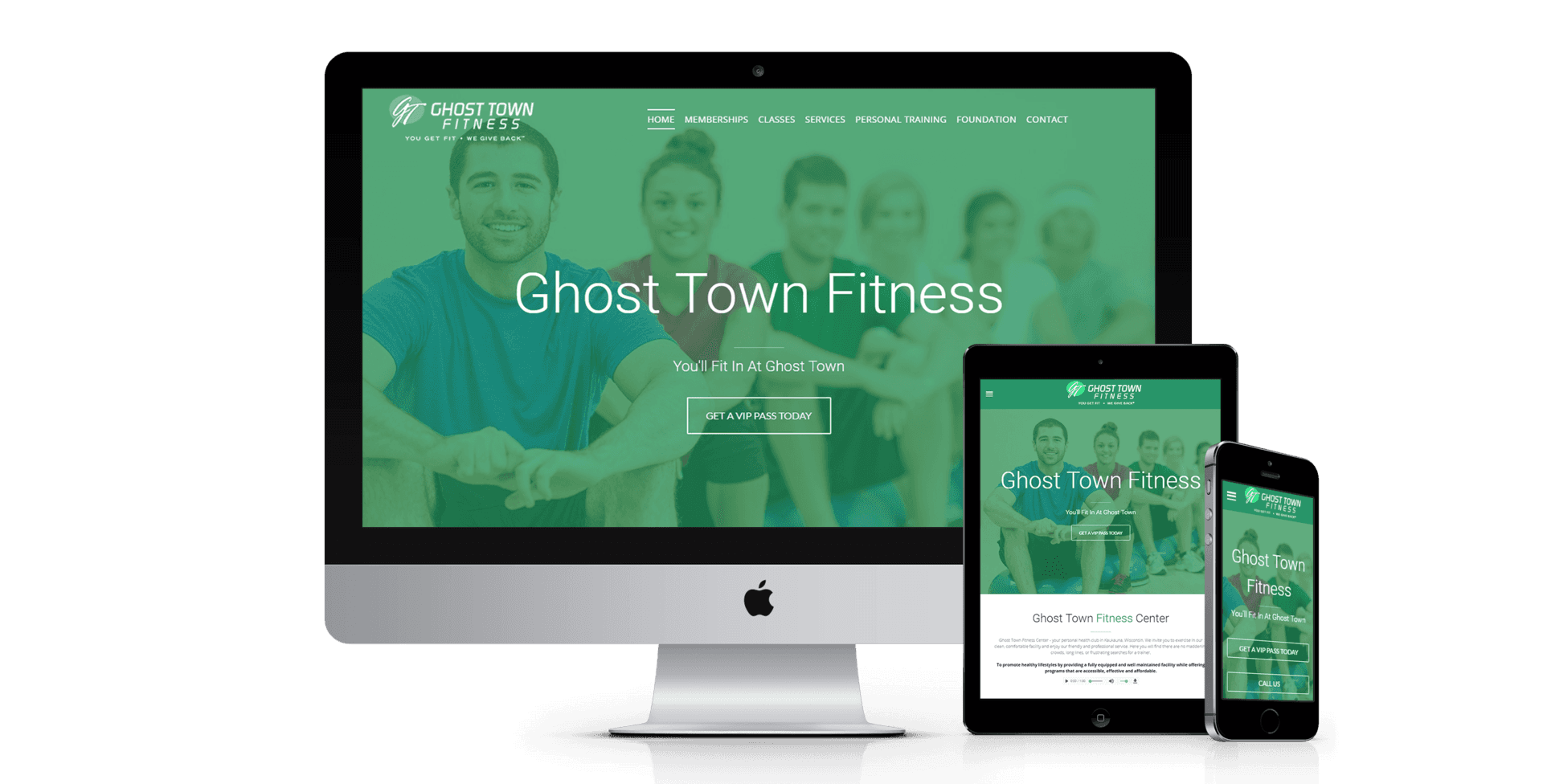 A computer , tablet , and phone are displaying a website for ghcs town fitness.