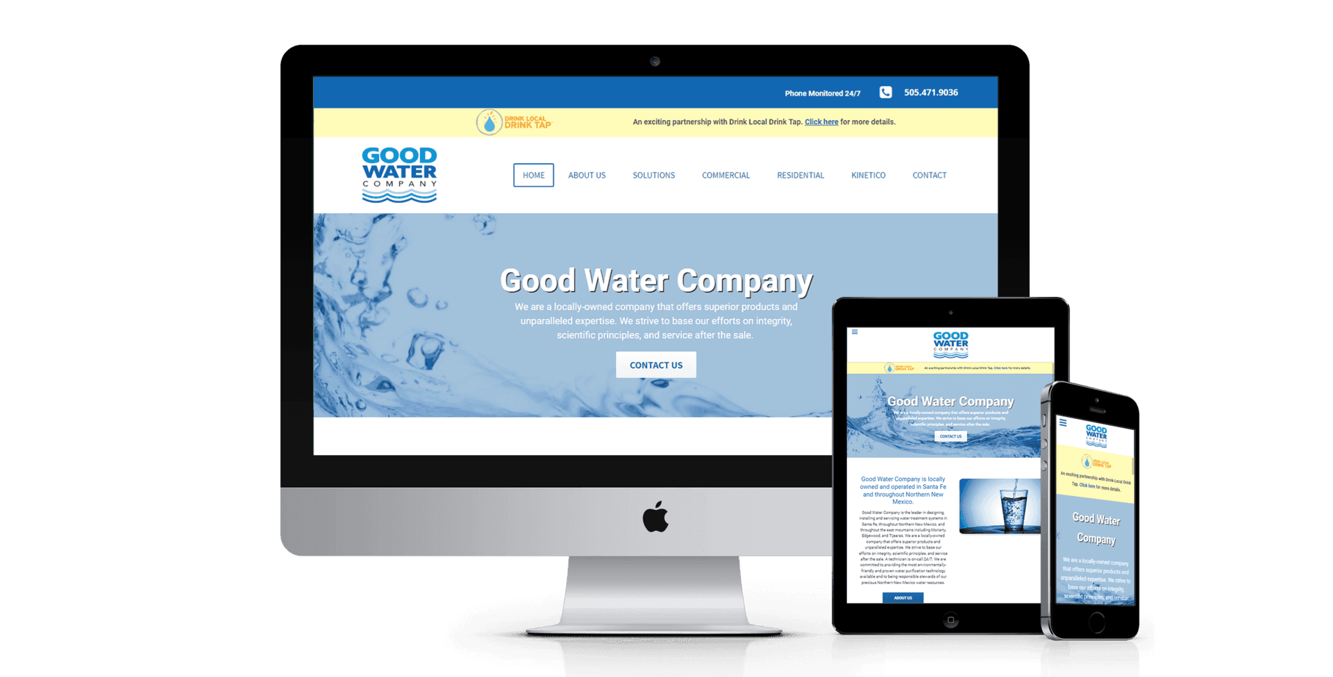 A computer monitor a tablet and a cell phone are displaying a website for good water company