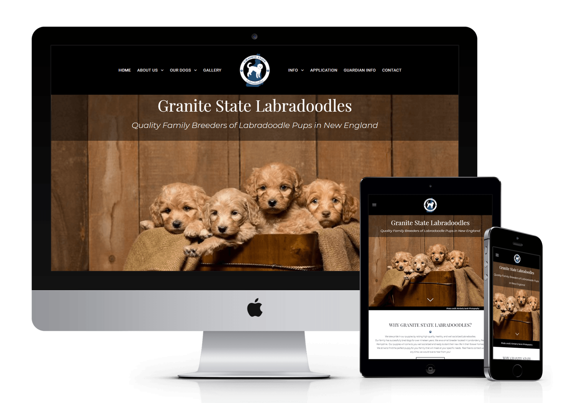 A computer , tablet , and phone are displaying a website for granite state labrador dogs.