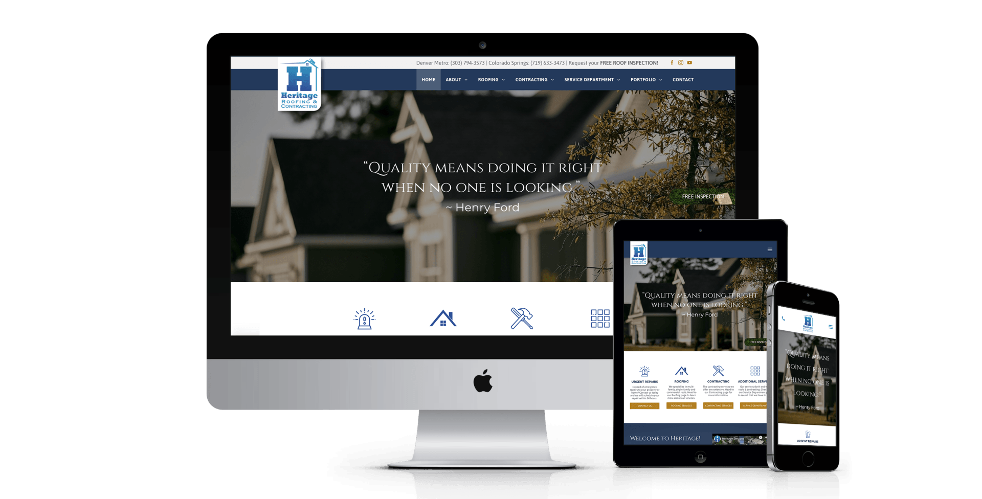 A computer , tablet , and cell phone are displaying a website.