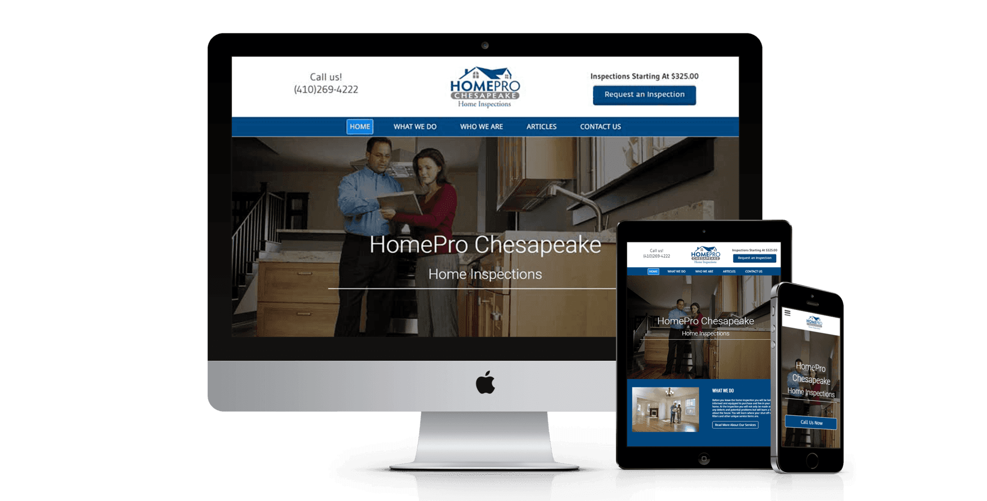 A computer , tablet , and cell phone are displaying a website.