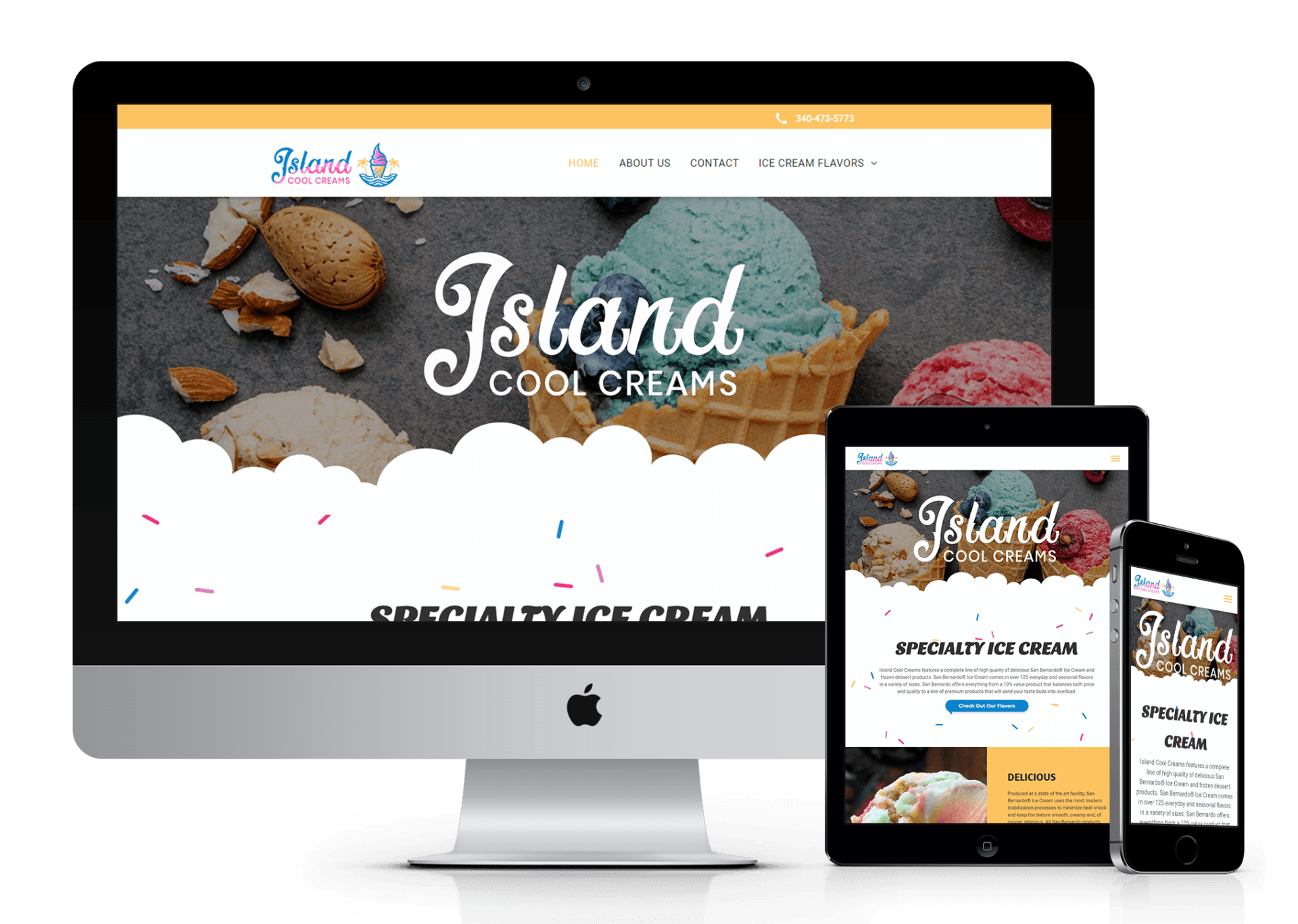 A computer , tablet , and cell phone are displaying a website for island cool creams.