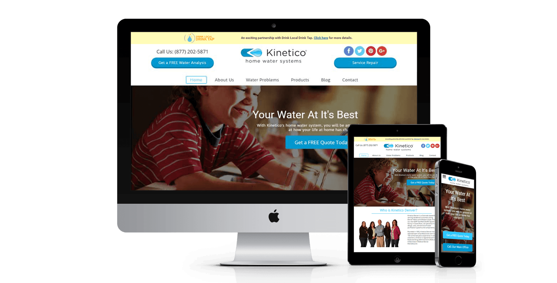 A computer , tablet , and cell phone are displaying a website.