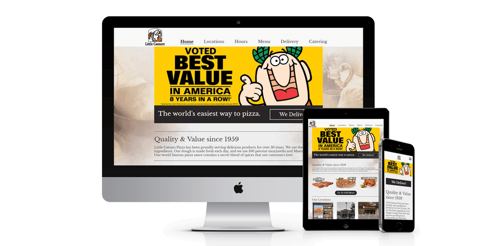 A computer monitor a tablet and a cell phone are displaying a website that says voted best value in america