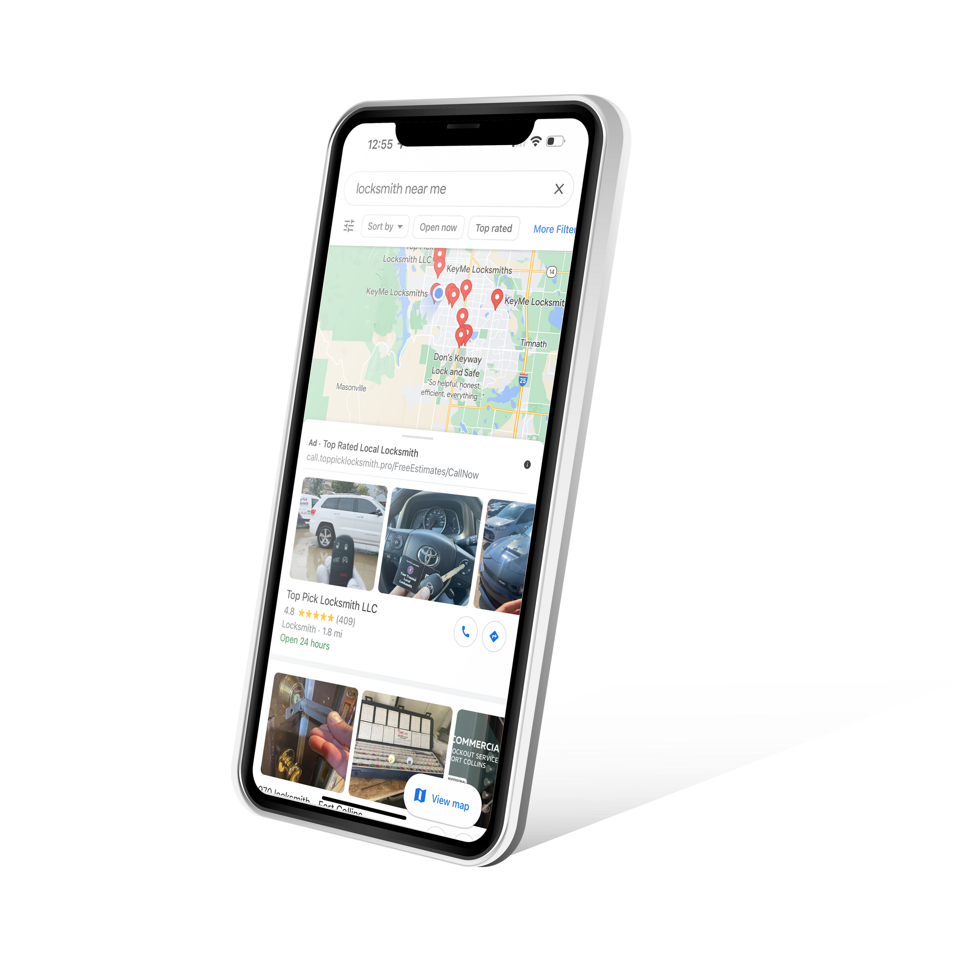 A cell phone is displaying a map on its screen.
