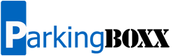 A blue and white logo for parking boxx on a white background