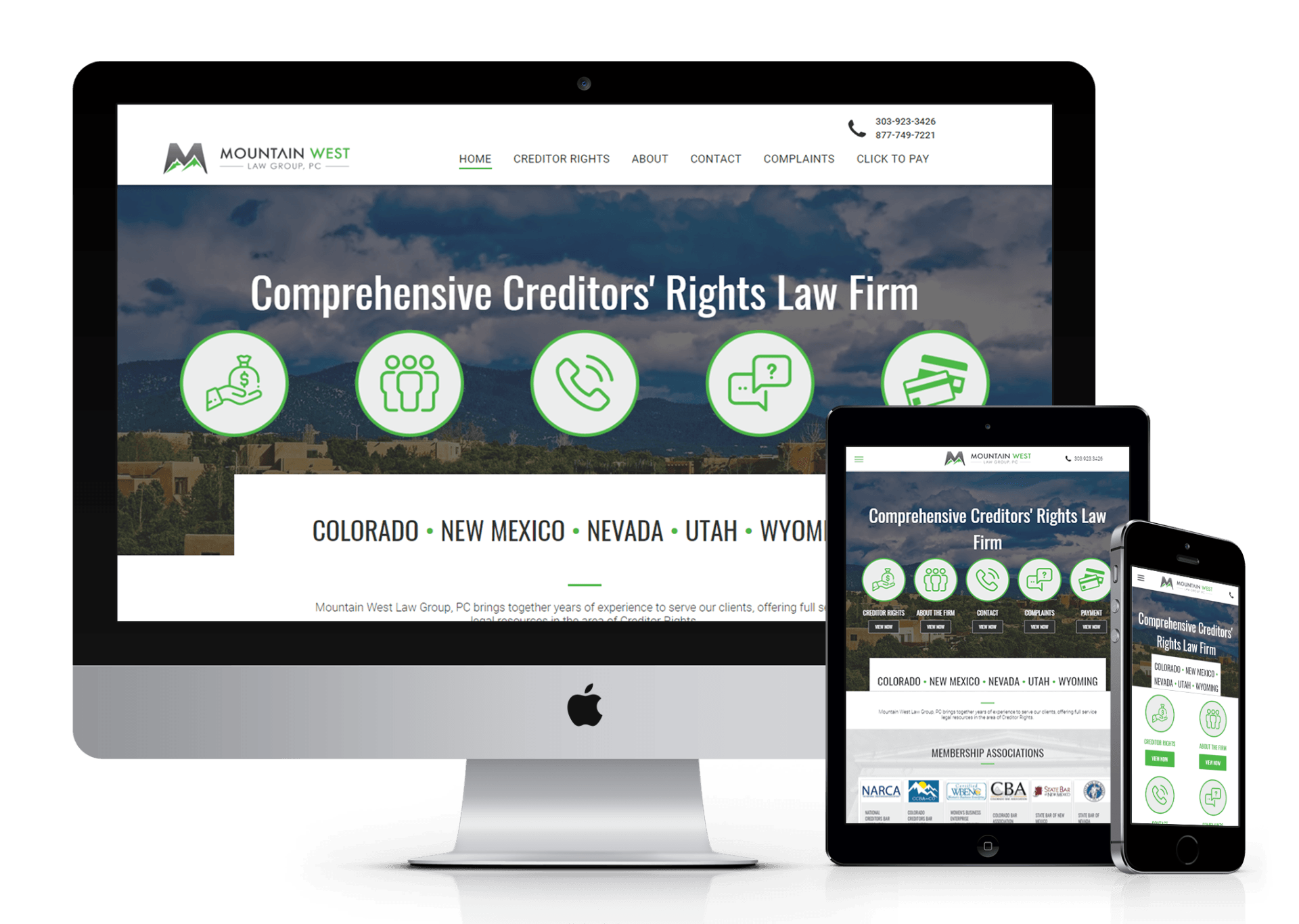 A computer , tablet , and cell phone are displaying a website for a law firm.