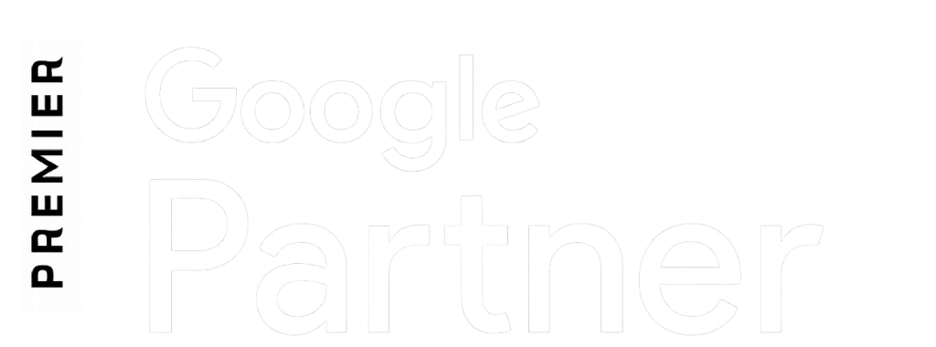 White logo reading “Google Partner” on a light background with a black vertical “PREMIER” label on the left