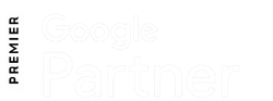 White logo reading “Google Partner” on a light background with a black vertical “PREMIER” label on the left