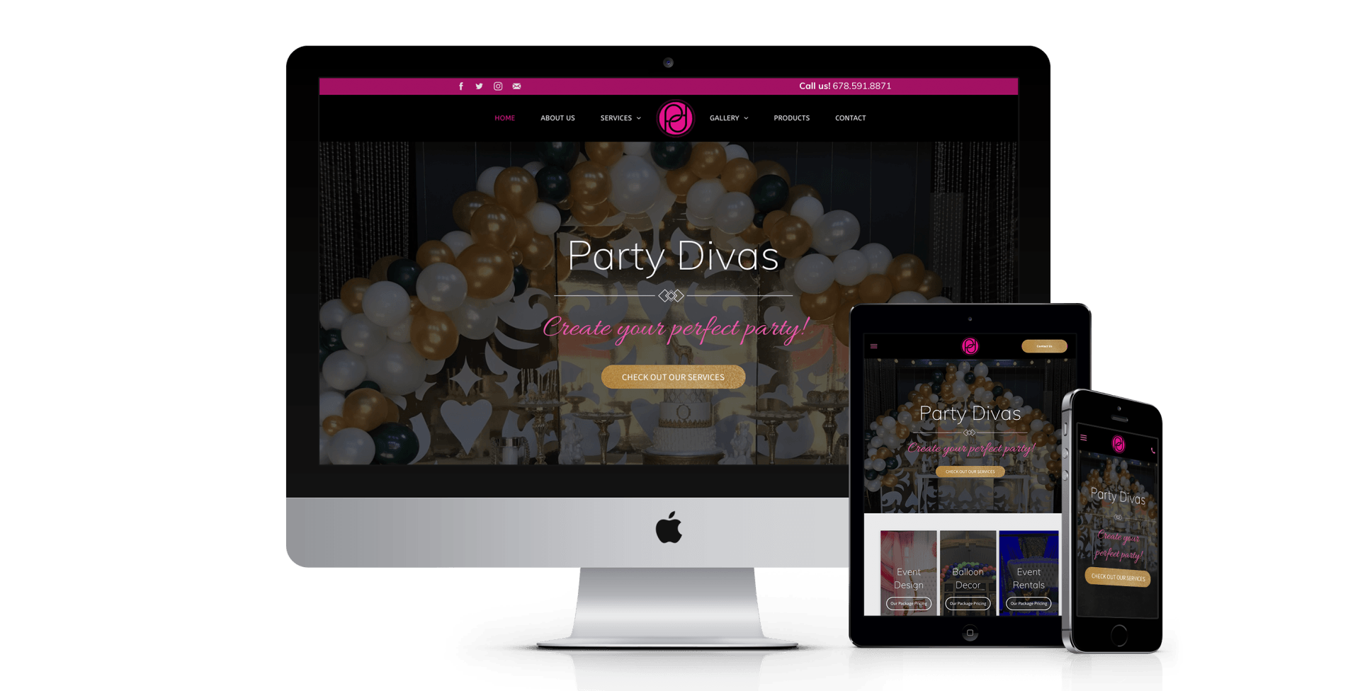 A computer , tablet , and cell phone are displaying a website for party diva.