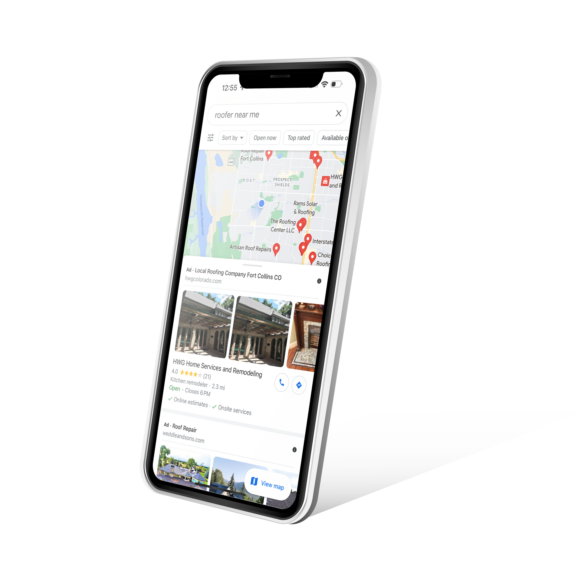 A cell phone with a google maps app on it.