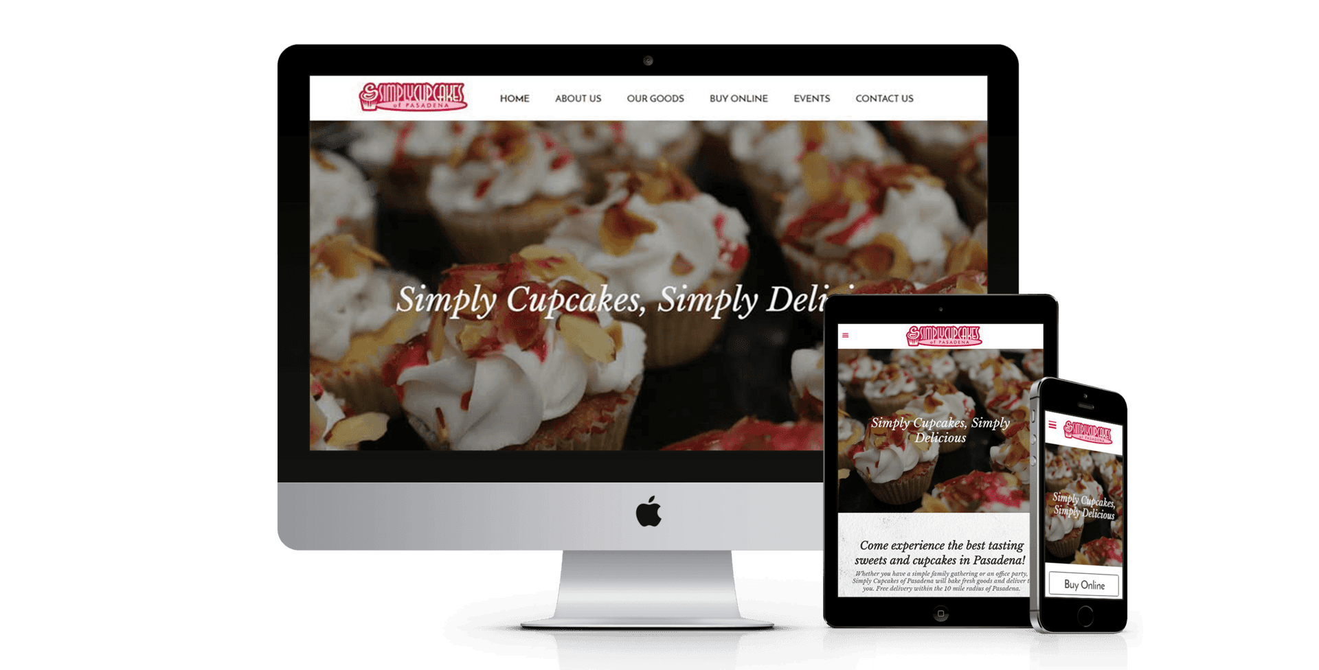 A computer , tablet , and phone are displaying a website for cupcakes.