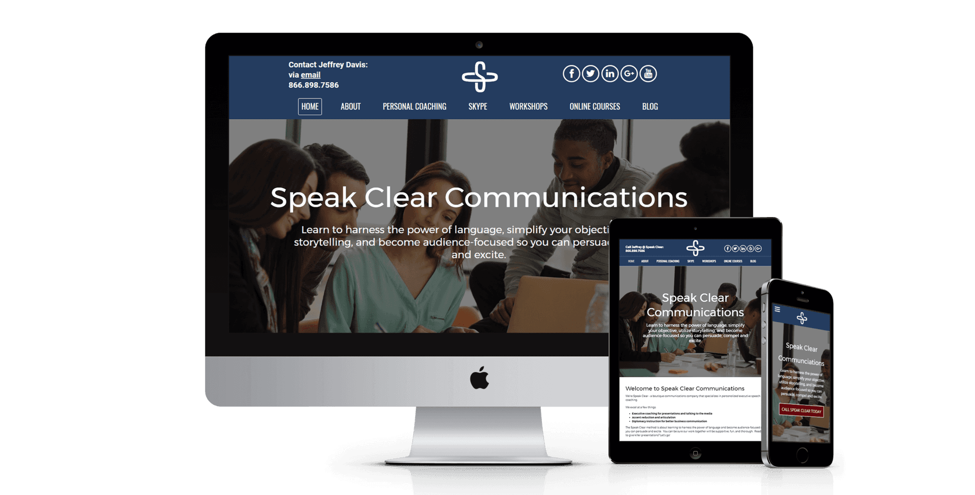 A computer , tablet , and cell phone are displaying a website called speak clear communications.