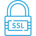 A blue icon of a padlock with a ssl sign on it.
