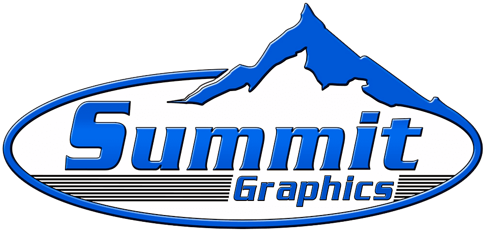A blue and white logo for summit graphics
