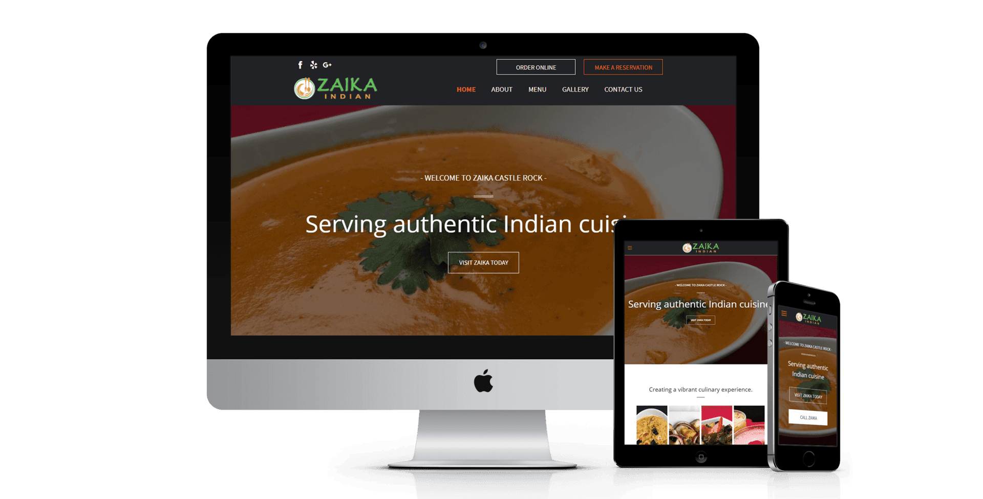 A computer , tablet , and phone are displaying a website for a restaurant.