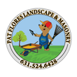 Circular logo for Pat Flores Landscape & Masonry with a cartoon bear holding tools next to a wheelbarrow and a tree, with the phone number 631.524.6428.