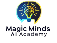 Logo for Magic Minds AI Academy: Brain in a lightbulb, inside a speech bubble. Text below.