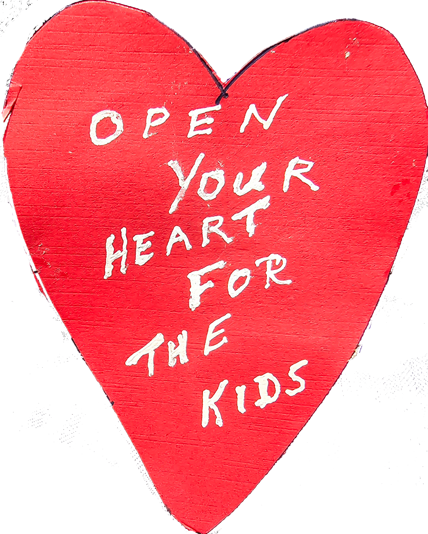 A red heart with the words open your heart for the kids written on it