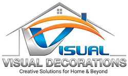 Logotipo da Visual Decorations apresentando o contorno de uma casa, um 