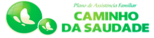Logo for Caminho da Saudade, a family assistance plan, featuring a stylized butterfly on two green spheres.