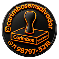 Logotipo circular preto com ícone de carimbo laranja, @carimbosmsalvador, Carimbos e número de telefone 71 98797-5218