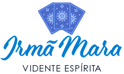 Logotipo com letras azuis e o texto “Irma Maria” em azul  e “Vidente Espírita”em preto.