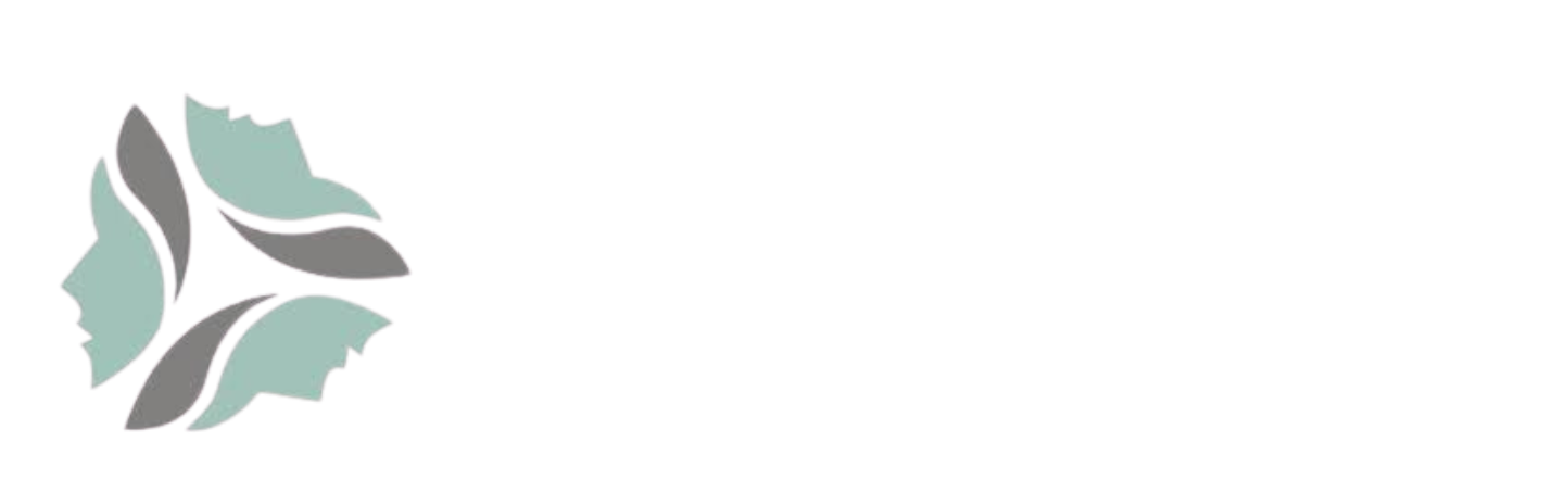 Logo with three stylized faces in a triangular formation, with grey and teal color tones.