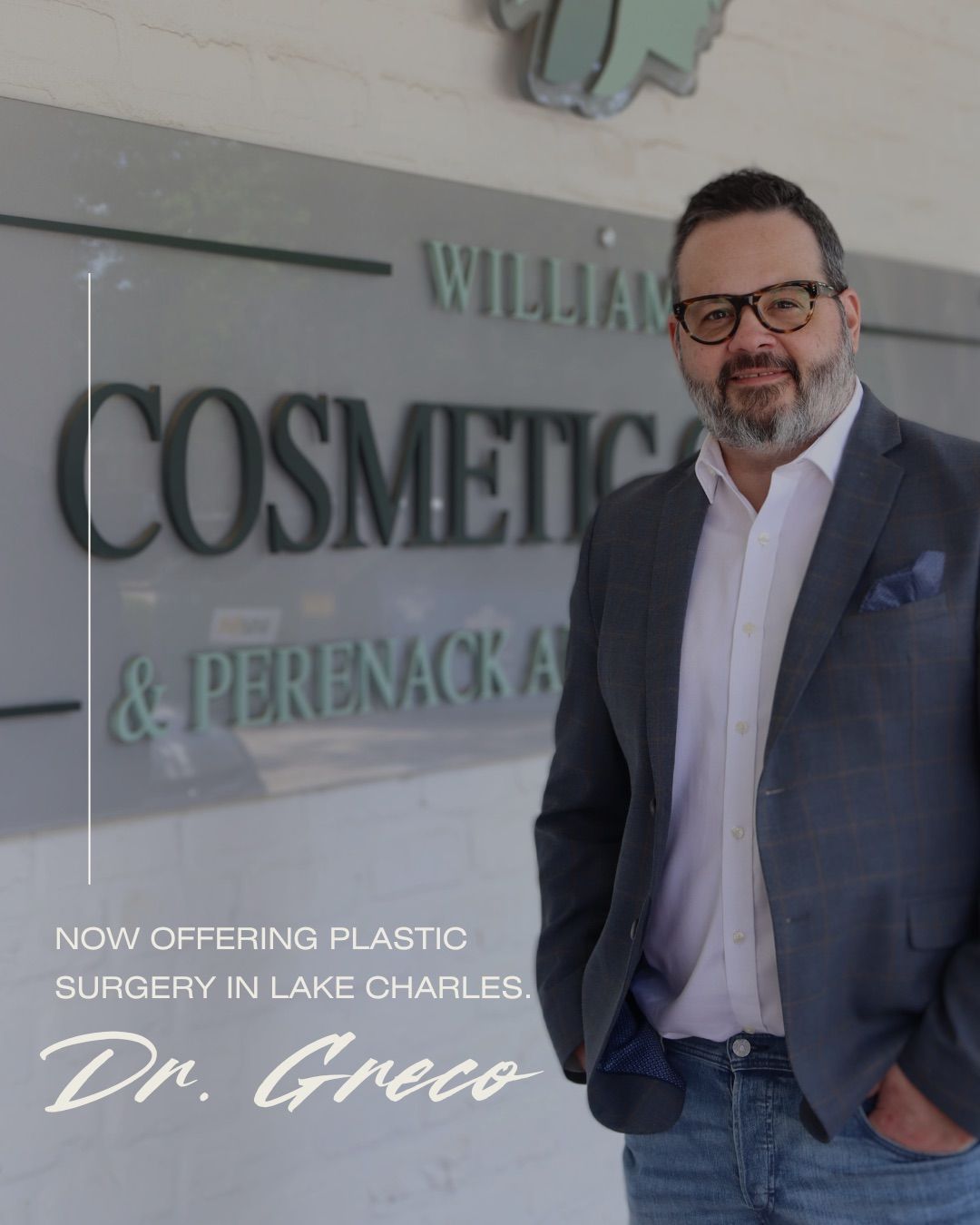 Man in blazer stands outside a cosmetic surgery office in Lake Charles.