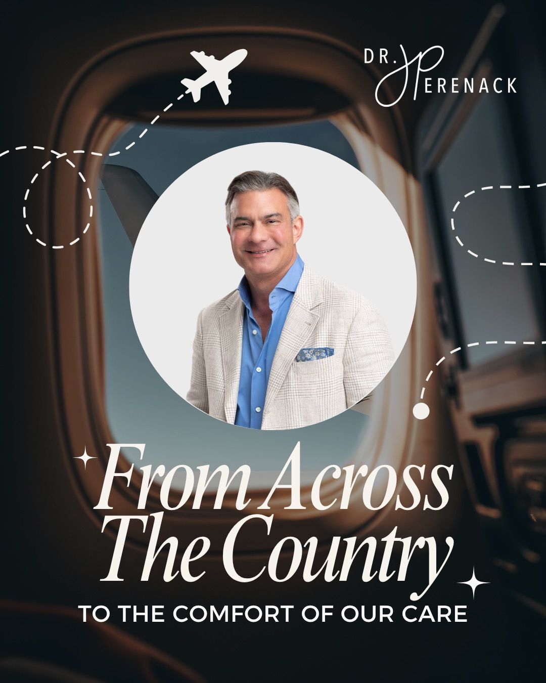 A man in a suit is centered in a circle against an airplane window. Text: 