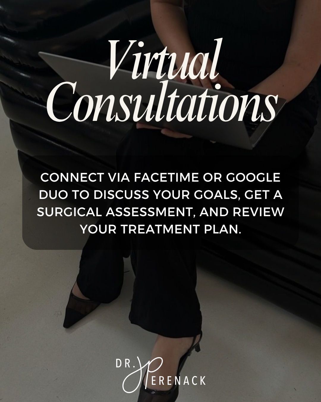 Woman using a laptop, advertising virtual consultations via FaceTime or Google Duo for surgical assessments and treatment plans.