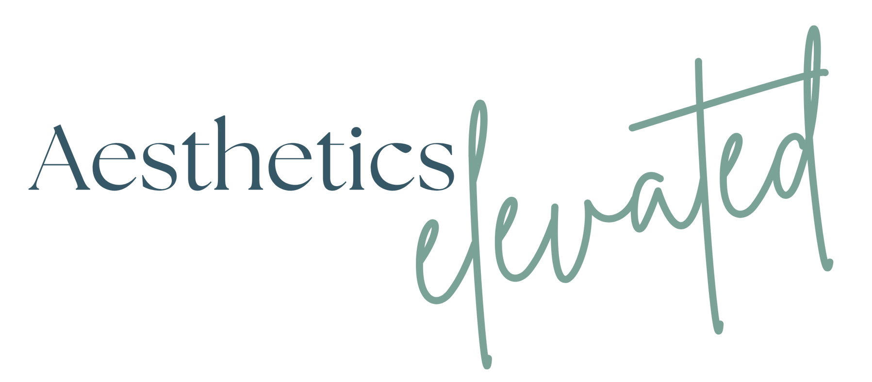 Aesthetics elevated in script lettering. Teal color on white background.