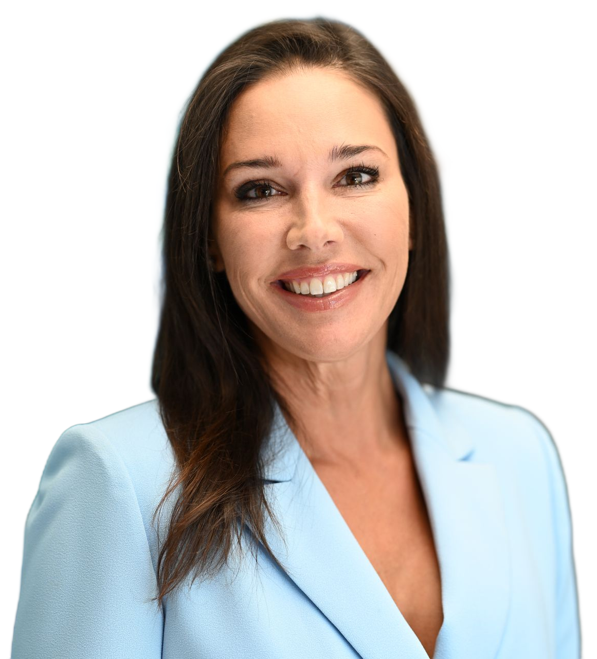 Woman with brown hair in a light blue blazer smiles.