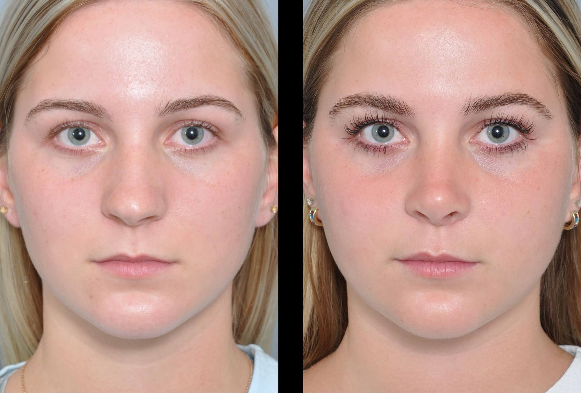Before-and-after facial comparison. Woman's face on the left, with makeup on right. Noticeable changes in eyes and cheeks.