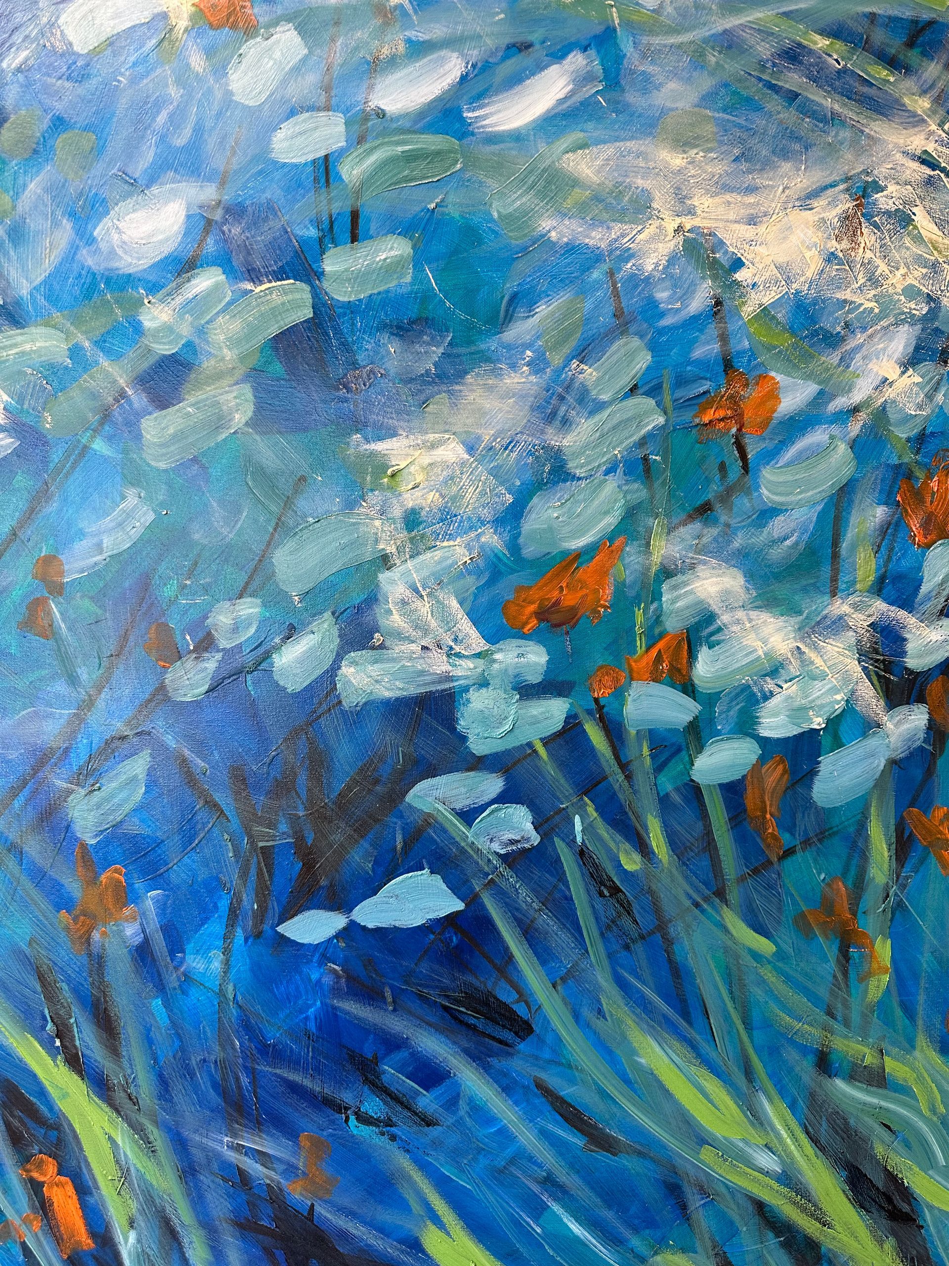 Blue and white impressionistic floral painting with orange accents and green stems.