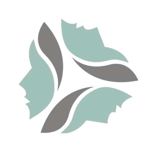 Three stylized faces in a circular pattern, with gray and teal segments.
