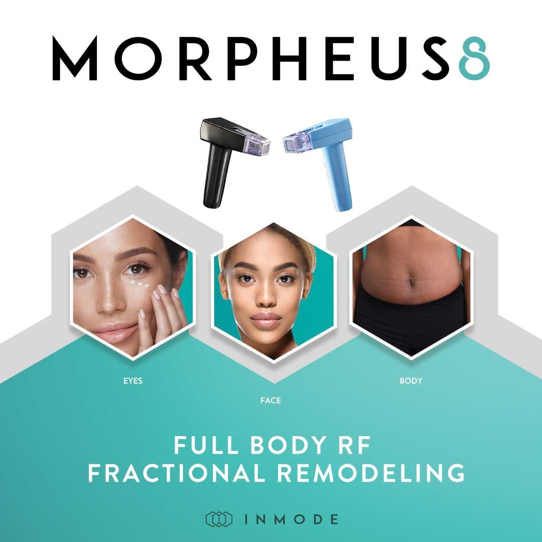Morpheus8 product ad with women and abdomen examples, two applicators, and teal accents. Full body RF fractional remodeling.