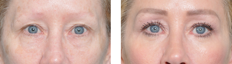 Two side-by-side images of eyes: before and after eyebrow and lash enhancement with makeup.