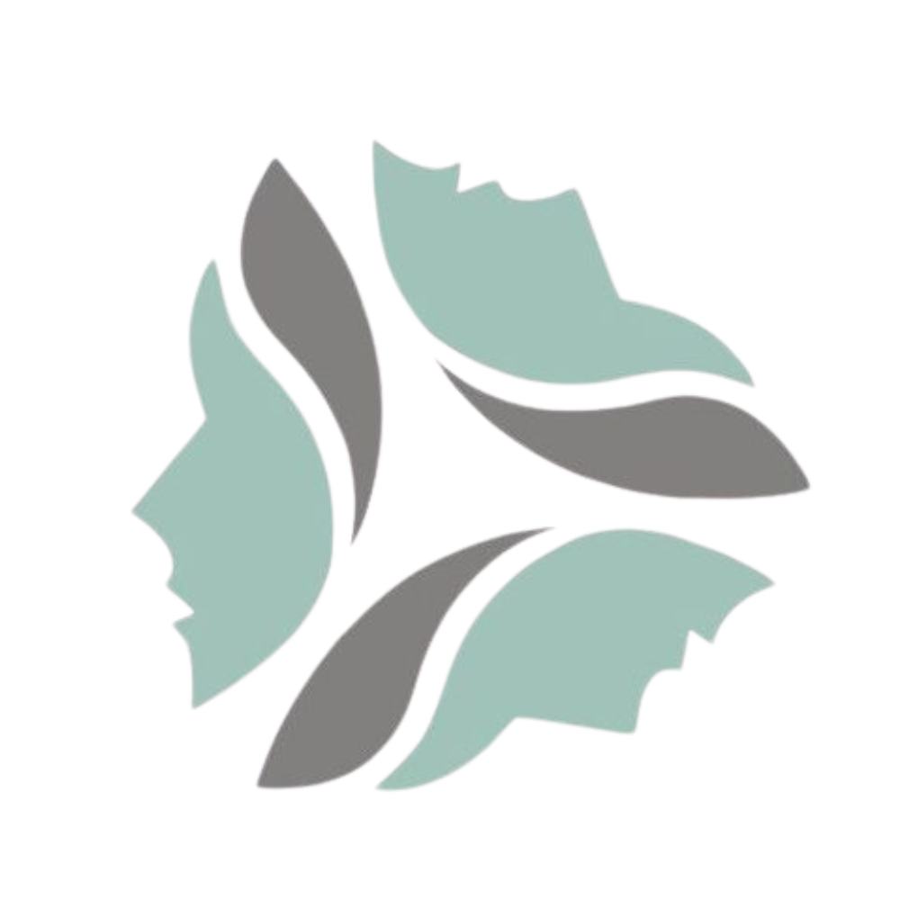 Abstract logo: Three stylized faces, two teal, one gray, arranged in a triangle.