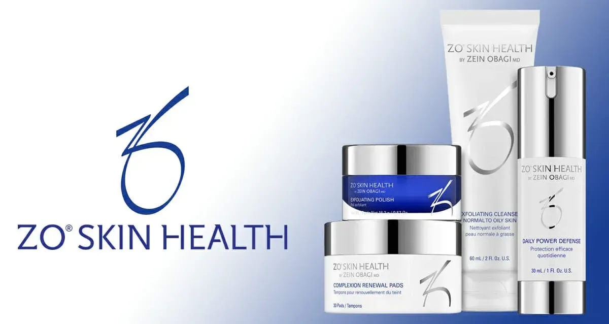 Zo Skin Health skincare products displayed next to the brand’s logo in blue and white.