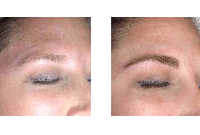 Before and after of eyebrow transformation: Sparse to fuller, darker brown, arched eyebrows.