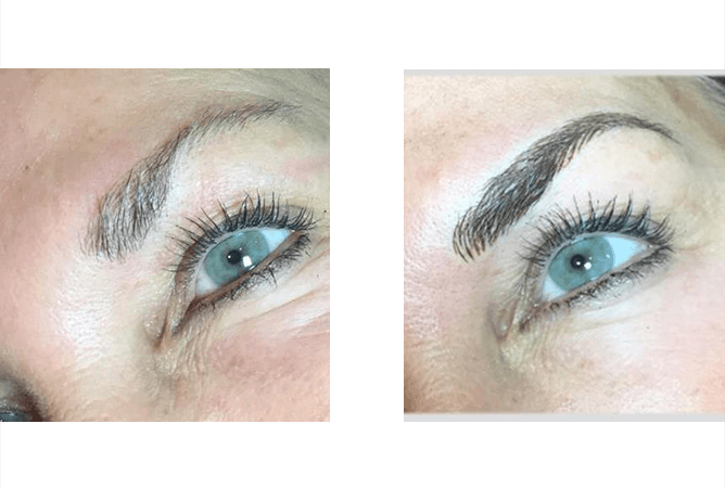 Two photos side-by-side show before and after of eyebrow microblading. Eyebrows appear darker, fuller. Blue eyes.