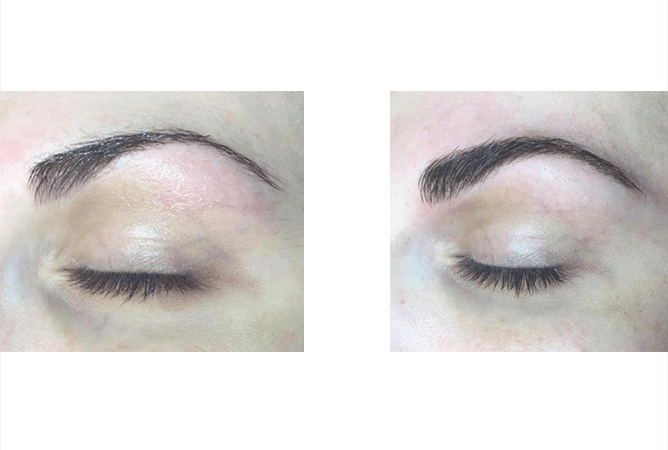 Two close-up photos of eyebrows. The left brow is straighter; the right is arched, both are dark.