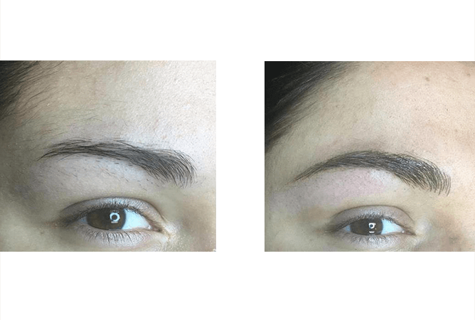 Before and after images of eyebrows; one less filled in than the other.