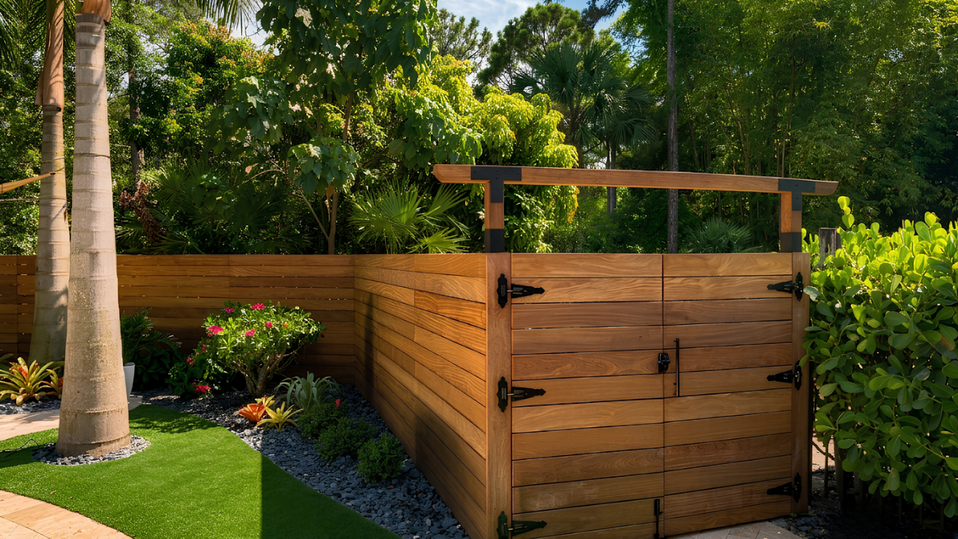 Wooden outdoor shower enclosure beside a manicured lawn and trees in a sunny backyard.