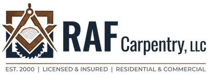 RAF Carpentry, LLC logo in brown and navy with house and roof icon, “EST. 2000 | LICENSED & INSURED | RESIDENTIAL & COMMERCIAL”