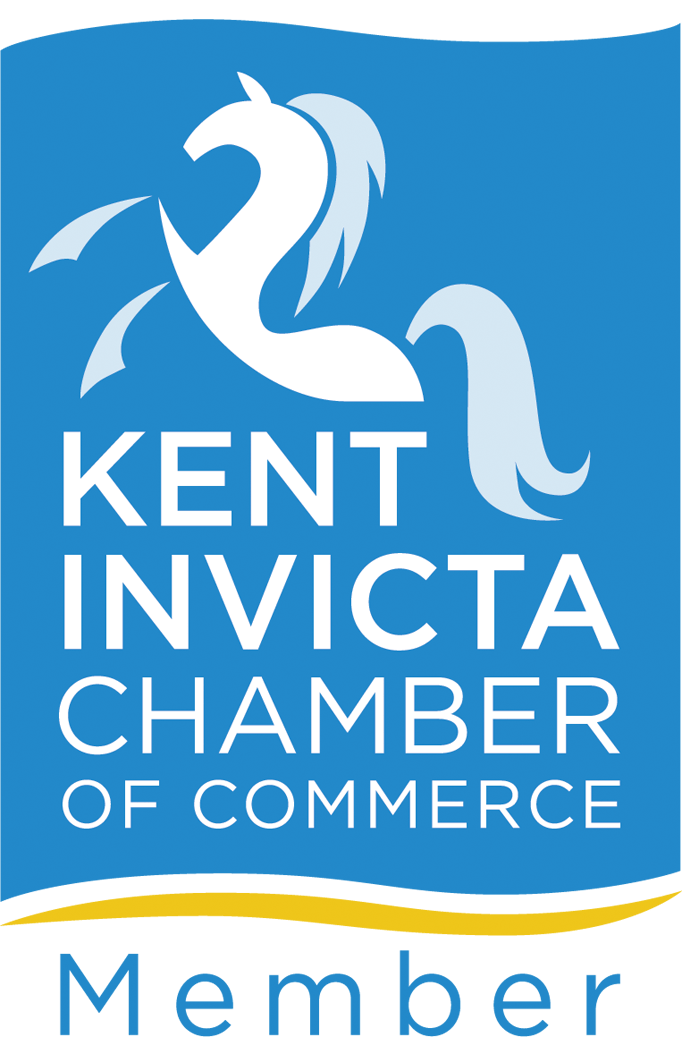 Kent Invicta Chamber of Commerce logo: white horse outline on blue, with text, 