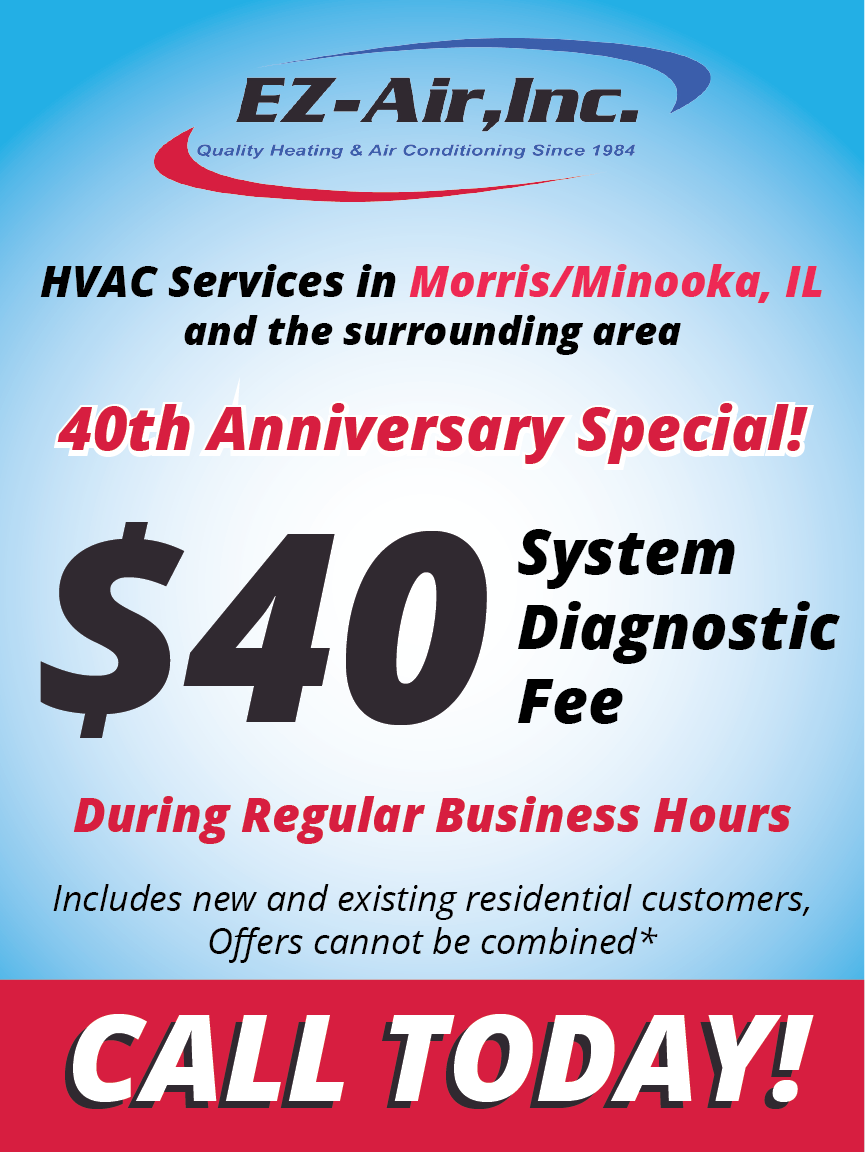 EZ-Air, Inc.'s anniversary promotion advertises a $40 System Diagnostic Fee for HVAC services in Morris/Minooka, IL, available to new and existing customers during regular business hours, with a bold 'CALL TODAY!' prompt on a red background.