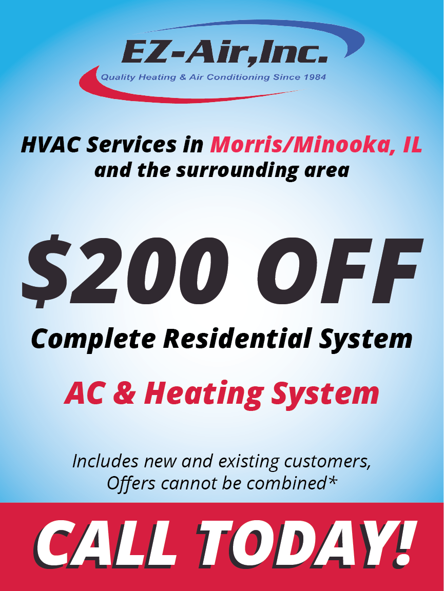 Promotional flyer from EZ-Air, Inc. offering $200 off on complete AC and heating system installations in Morris/Minooka, IL, with a bold 'CALL TODAY!' slogan on a red background.